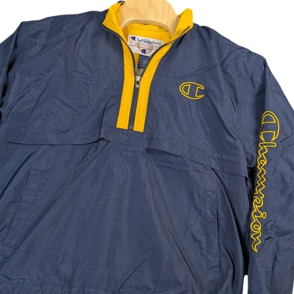 Champion Mens Half Zip Windbreaker Jacket‎ Navy Blue Yellow Embroidered Large